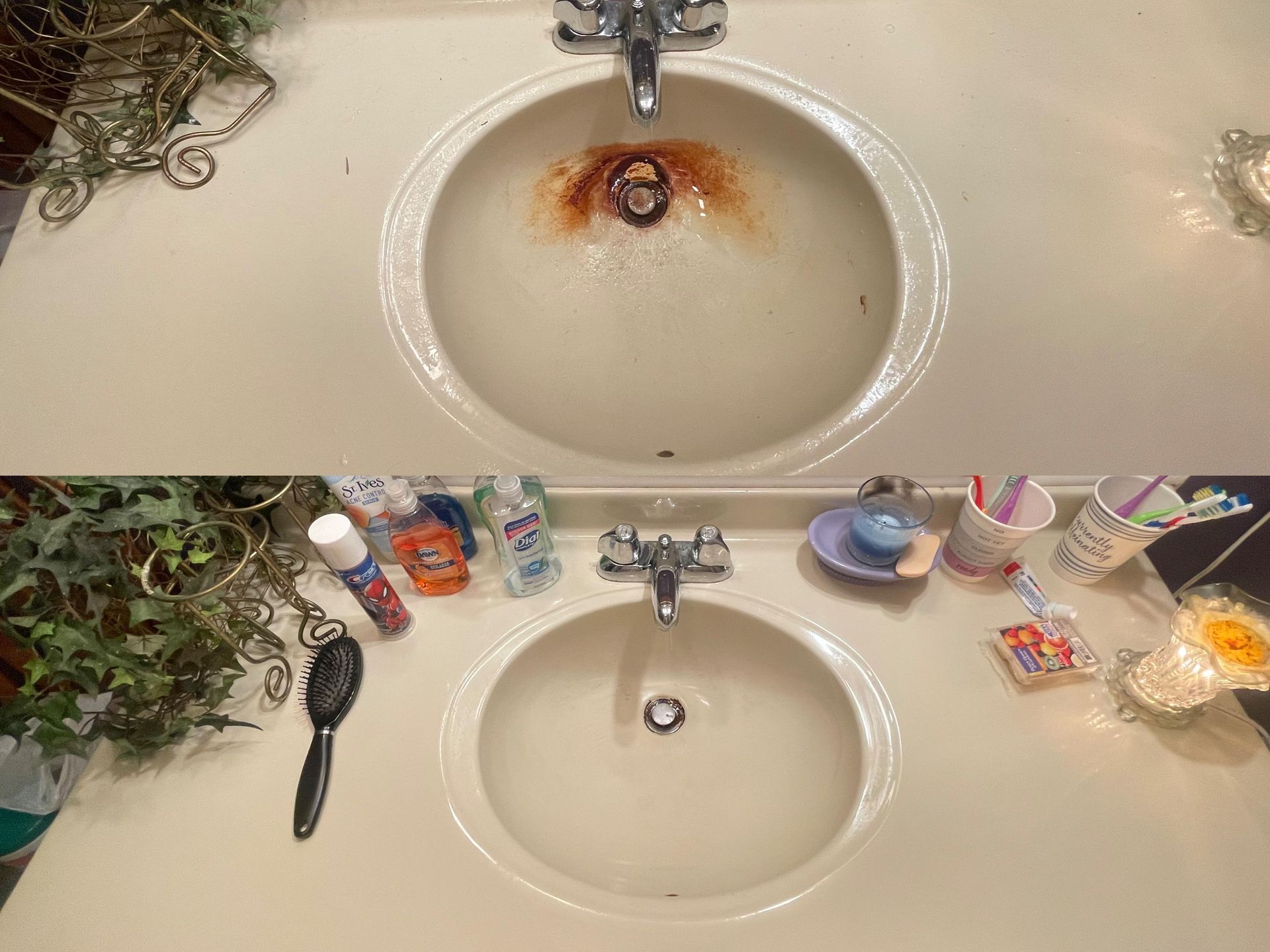 A before and after picture of a bathroom sink