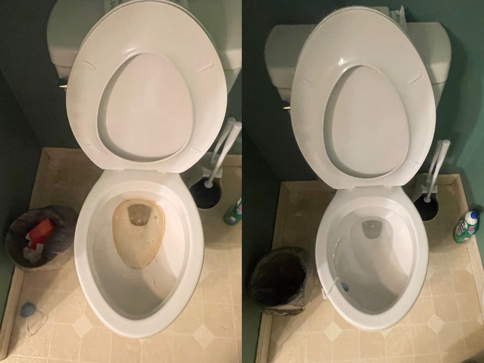 A before and after picture of a toilet in a bathroom.