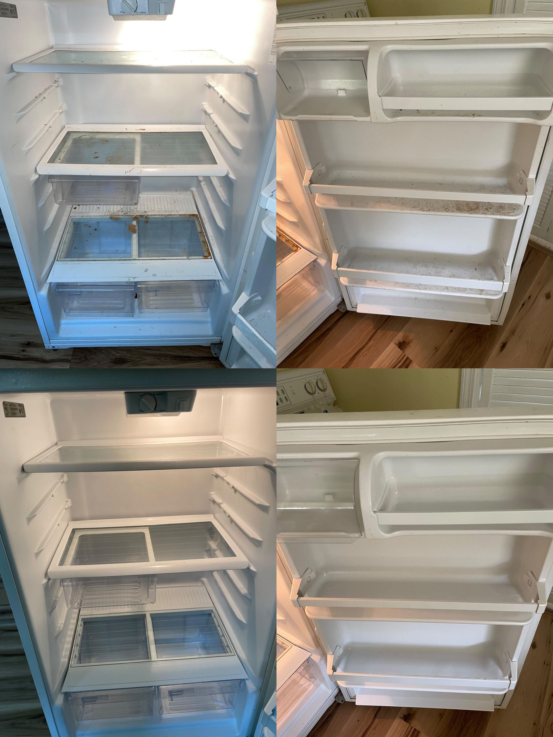 A collage of four pictures of an empty refrigerator.