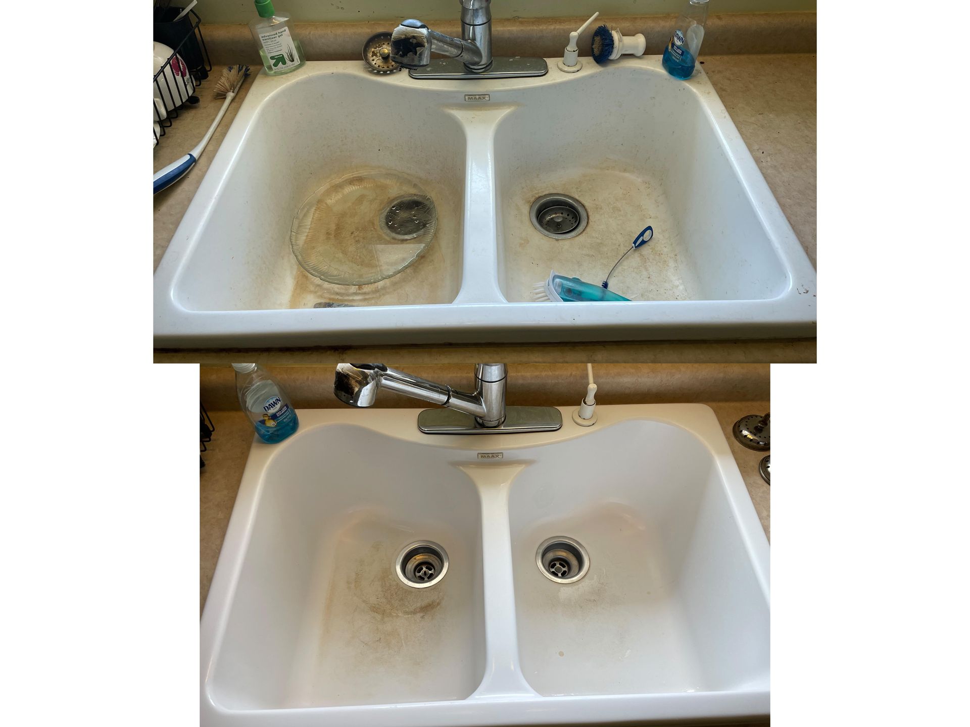 A before and after picture of a kitchen sink.