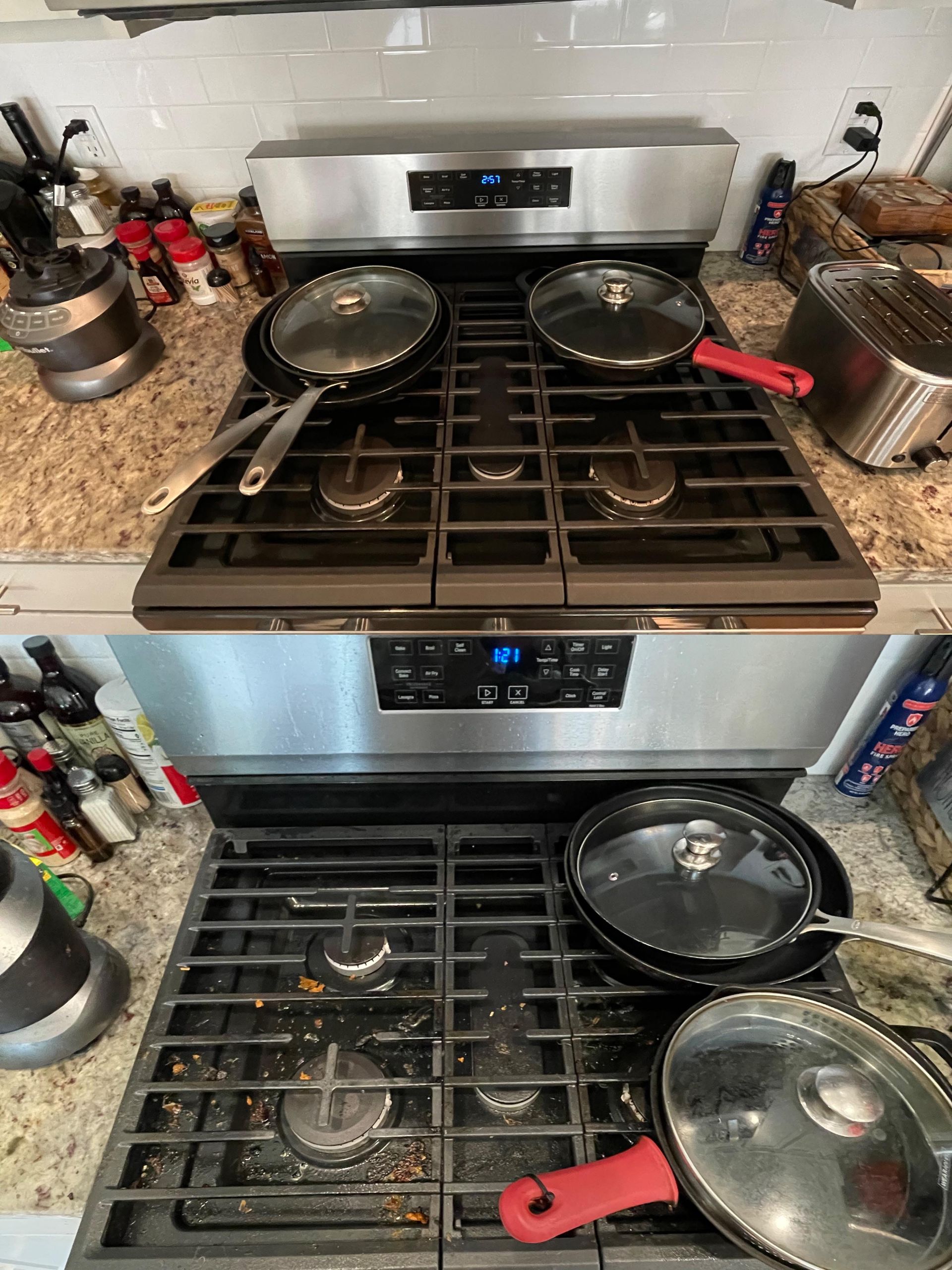 A stove with a lot of pots and pans on it.
