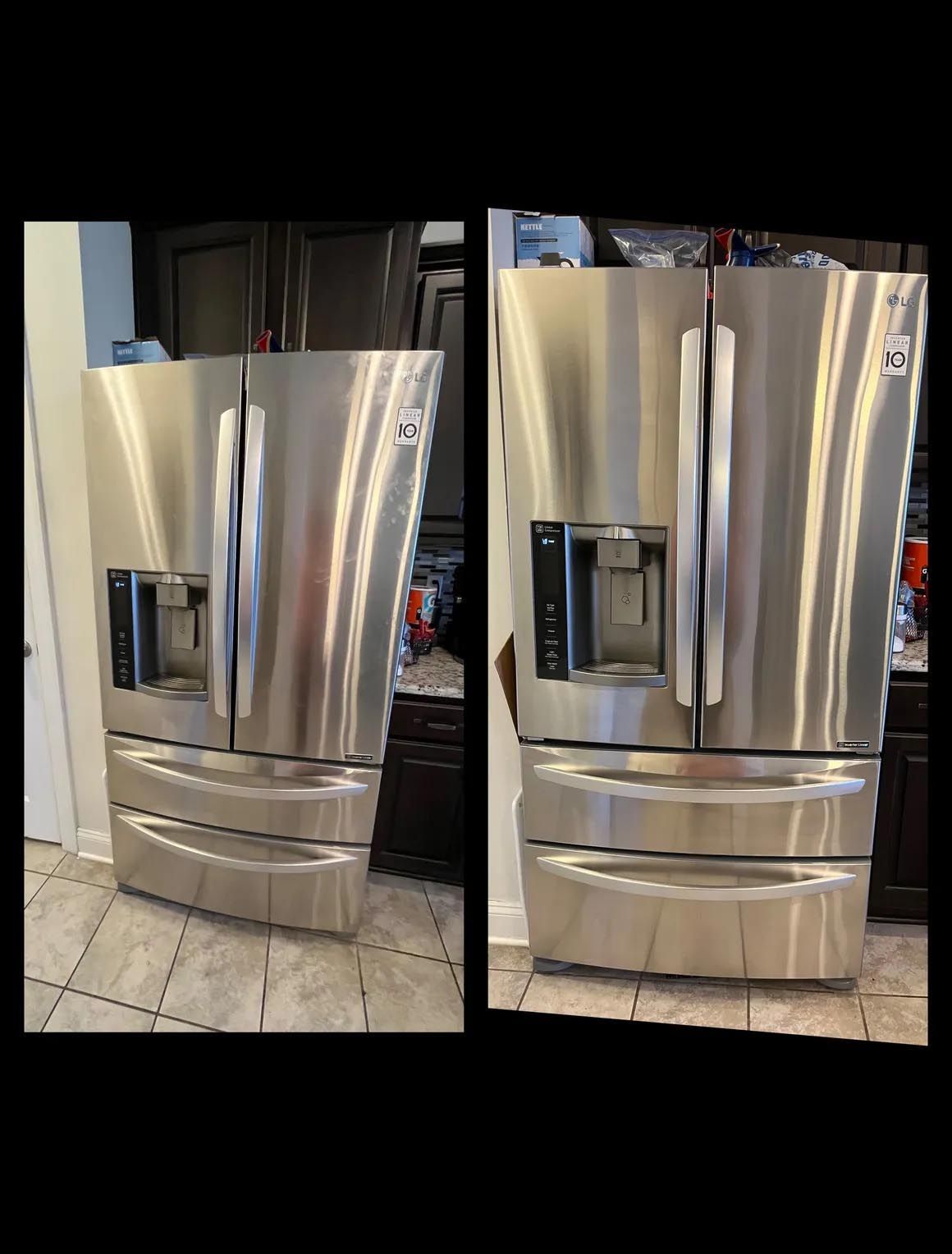 Two pictures of a stainless steel refrigerator in a kitchen.