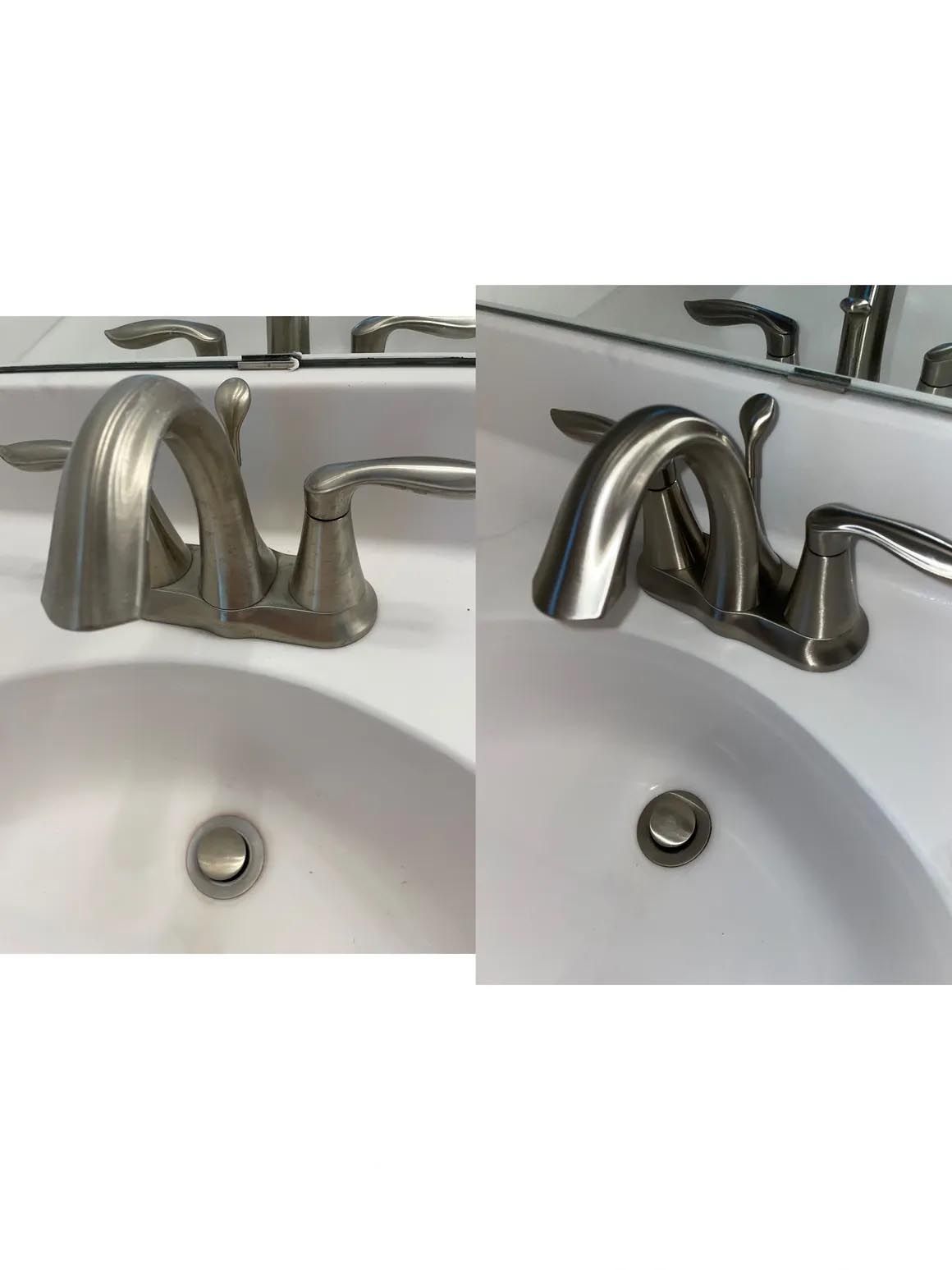 A before and after picture of a bathroom sink faucet.