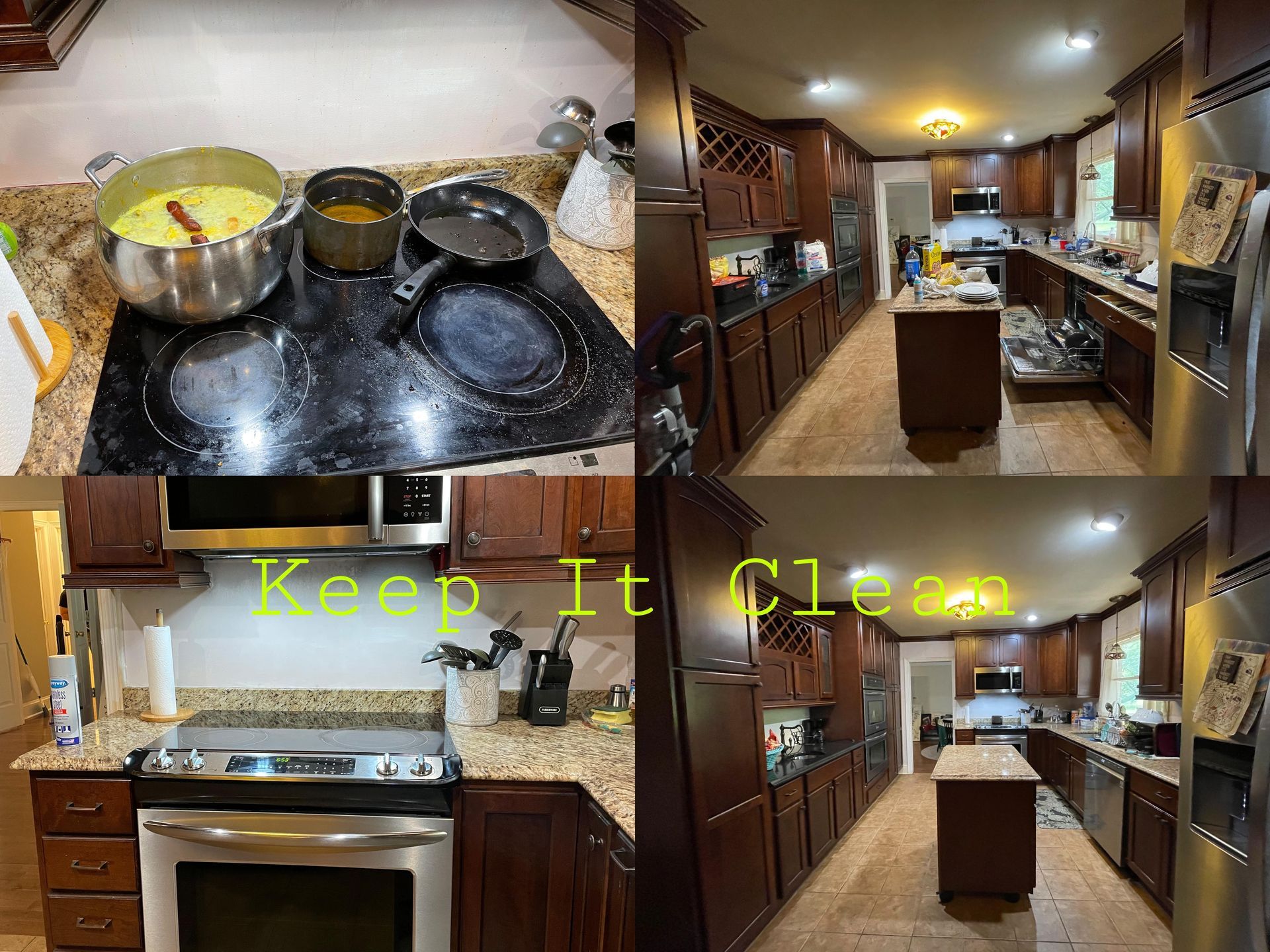 A collage of photos of a kitchen with the words keep it clean