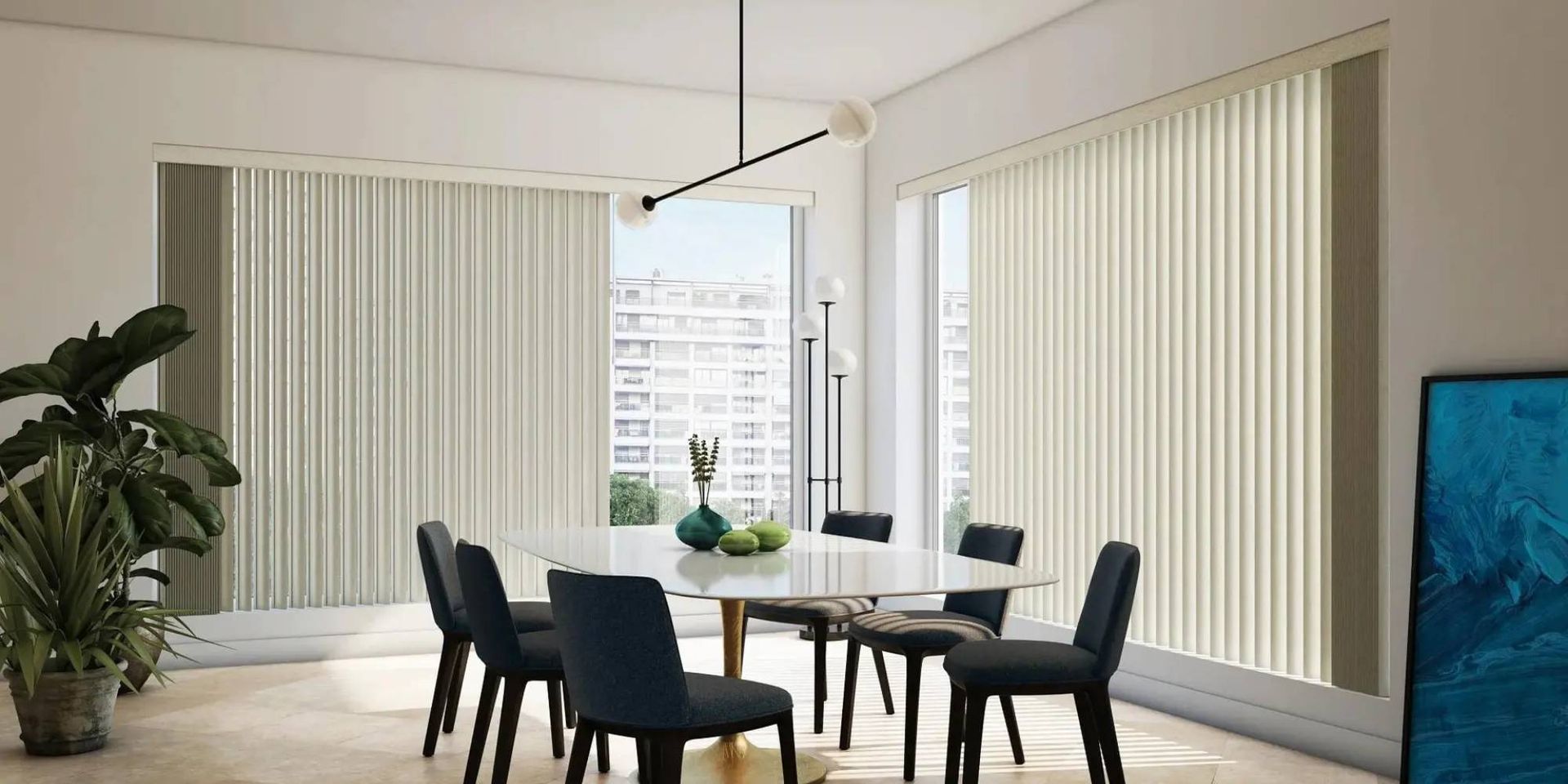 Alta Vertical Blinds on large glass windows, overlooking a city, in a formal dining room