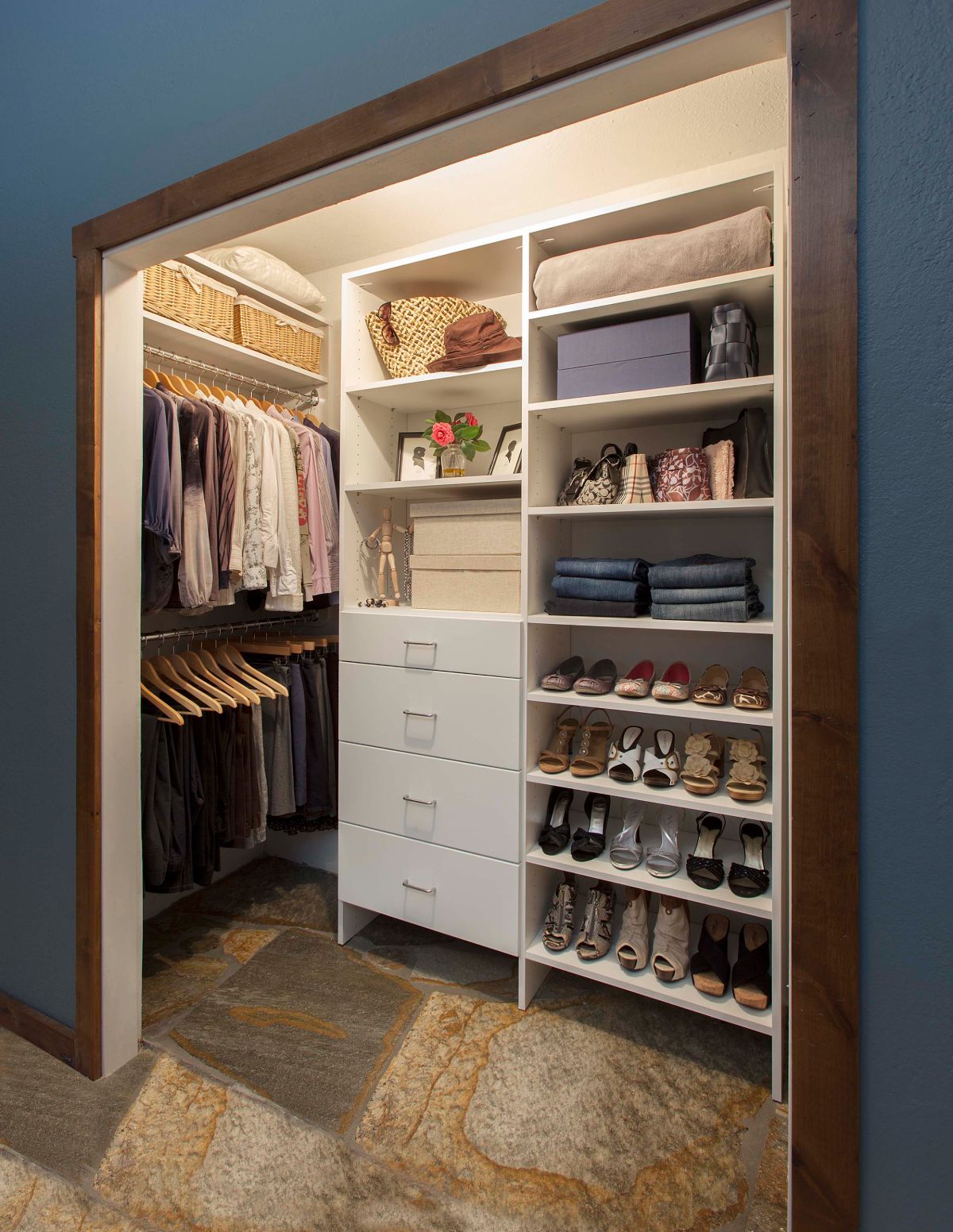 A walk in closet filled with clothes and shoes.