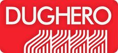 Logo rettangolare rosso con la scritta "DUGHERO" in testo bianco sopra linee bianche stilizzate.