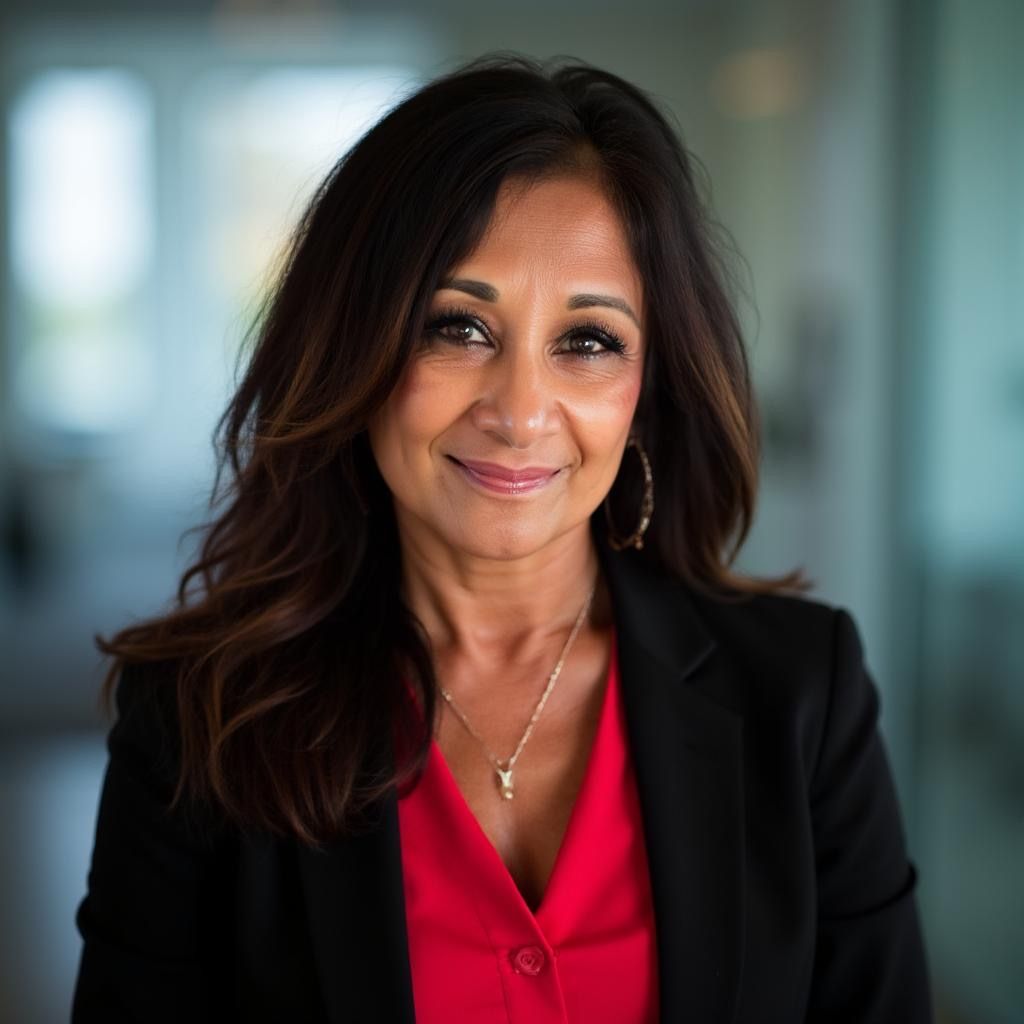 Woman with long, dark hair wearing a red shirt and black blazer, smiling in an office setting.