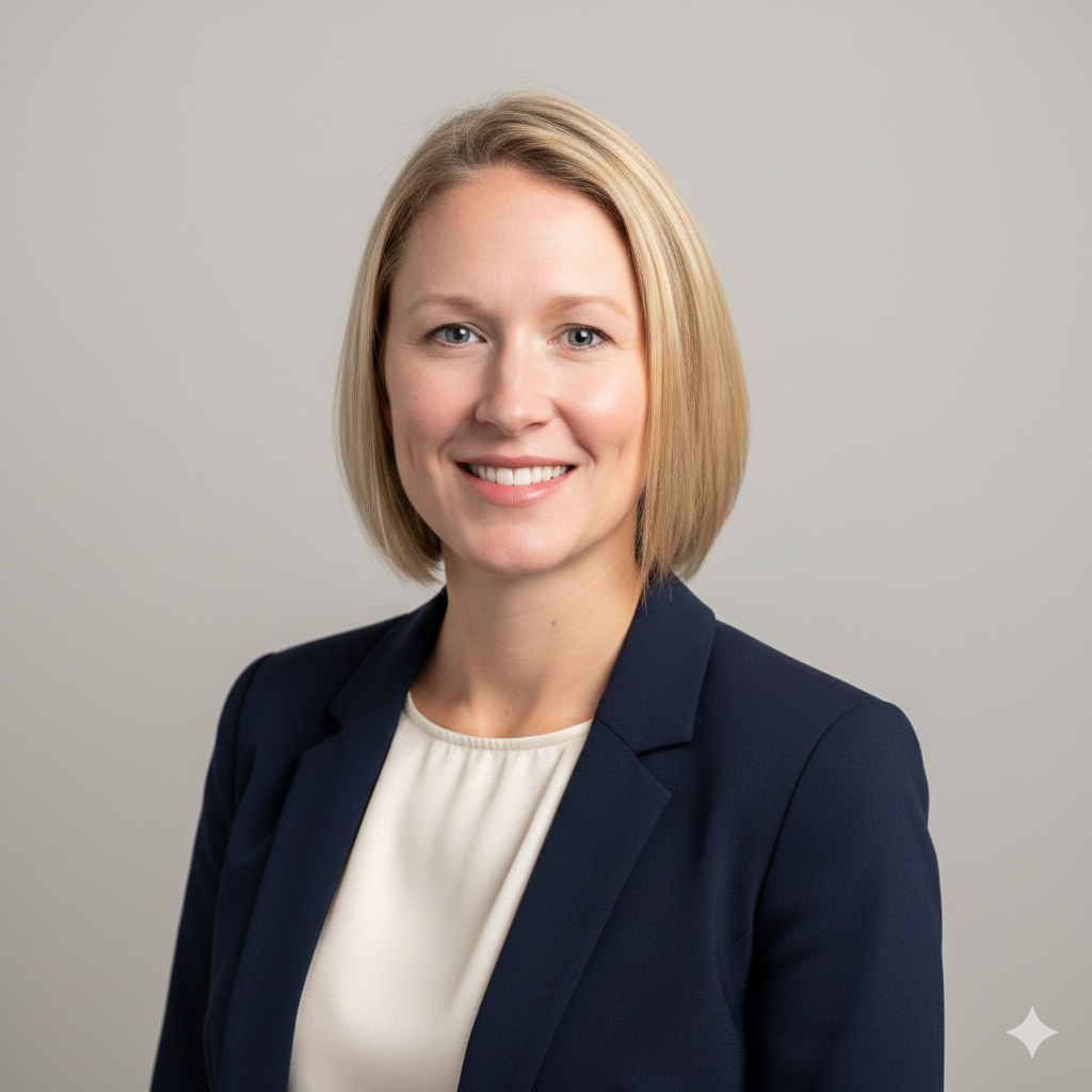 Woman in a navy blazer and cream-colored blouse smiles, against a gray backdrop.