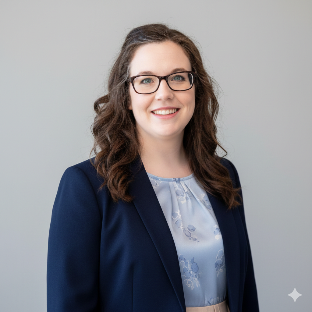 Woman with glasses and dark wavy hair smiles, wearing a navy blazer and blue floral blouse.