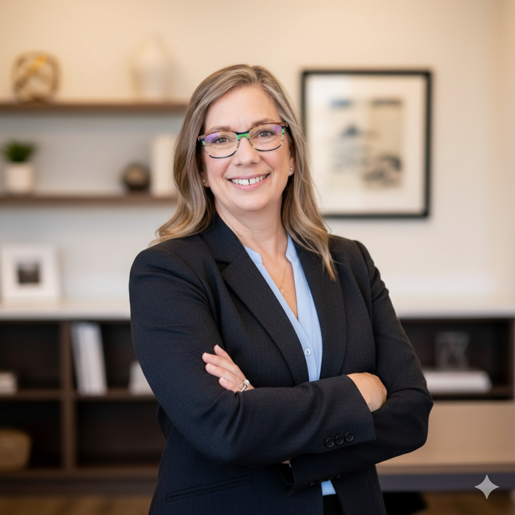 Woman in a business suit smiles with arms crossed in an office setting.