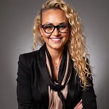 Blonde woman in navy blazer and cream top smiles at the camera.
