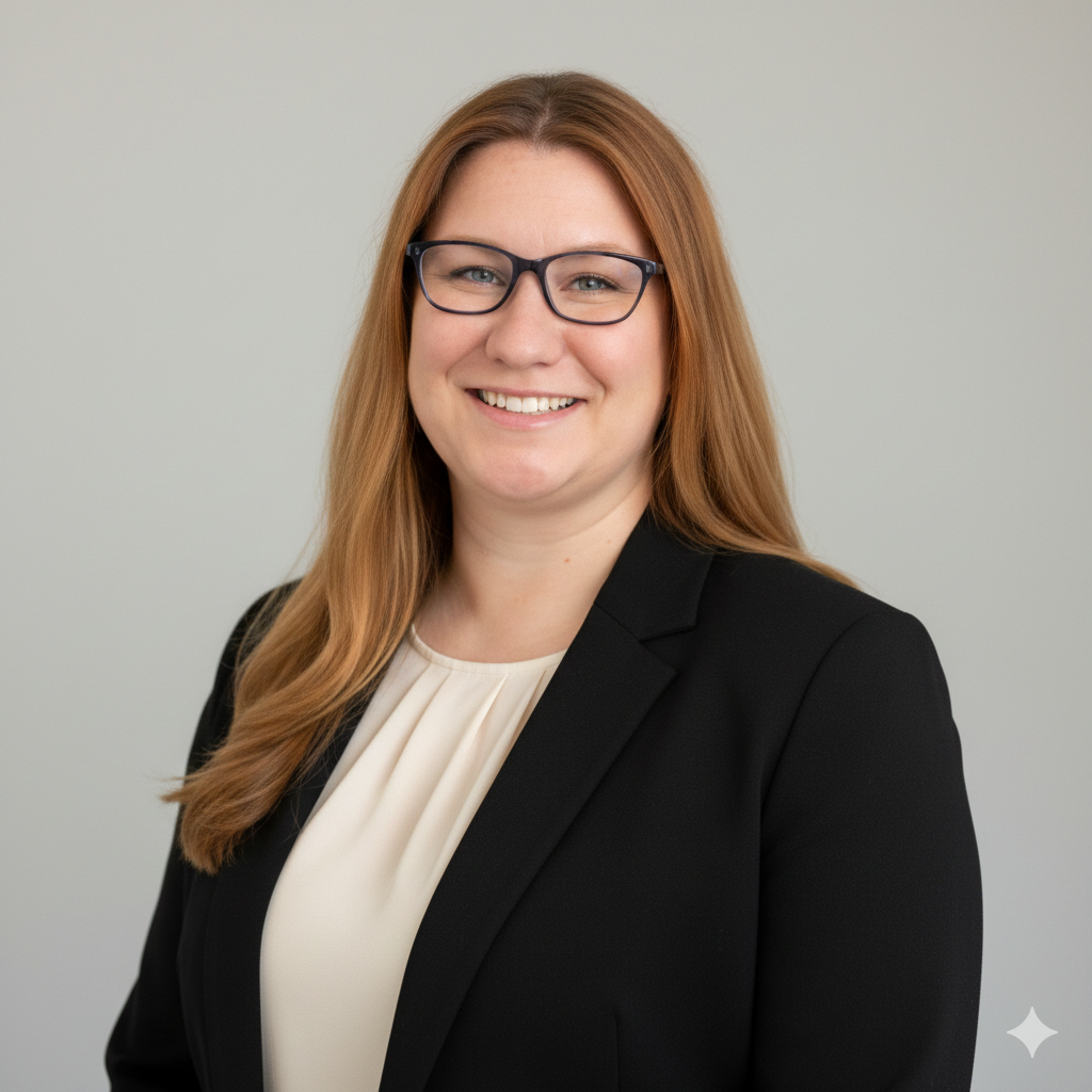 Woman with red hair, glasses, and a black blazer smiles.
