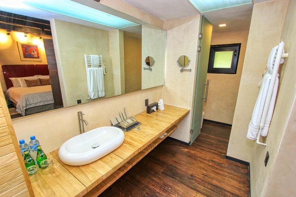 Un baño con un lavabo grande y un espejo grande.