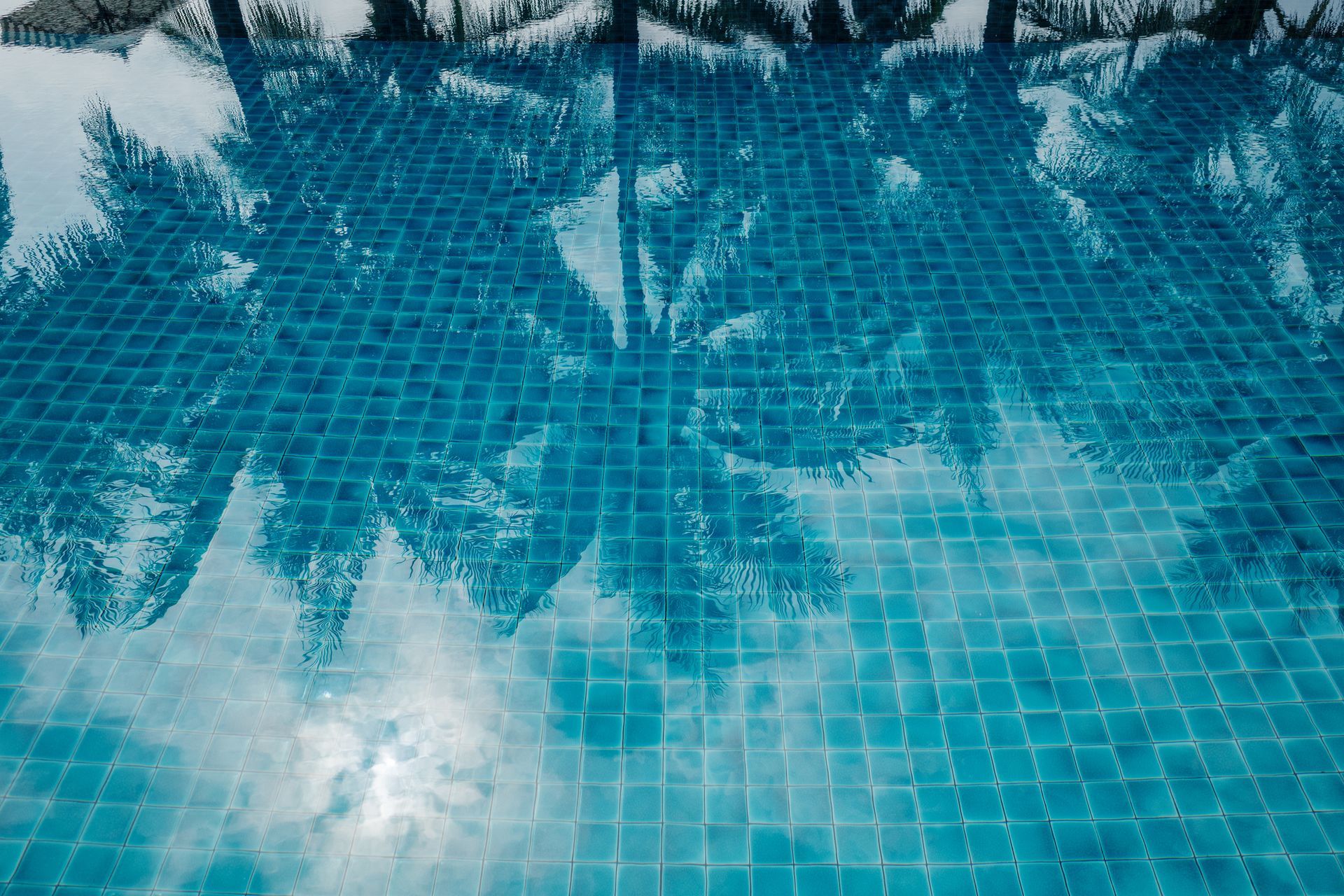 A swimming pool with a reflection of palm trees in the water.