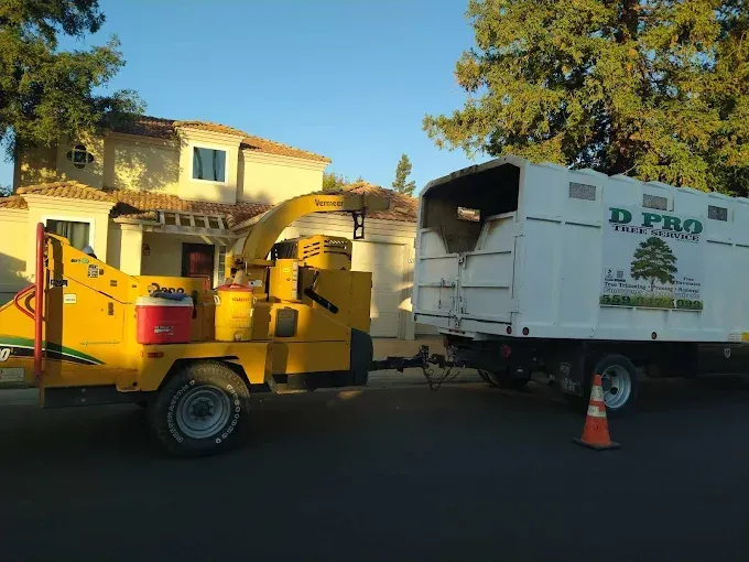 A tree chipper is attached to a trailer that says d pro