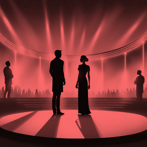 A couple in silhouette standing on a round stage