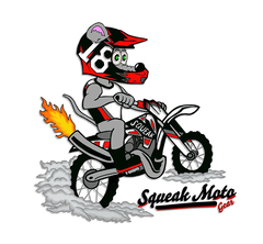 A cartoon mouse is riding a dirt bike with a flaming tail.