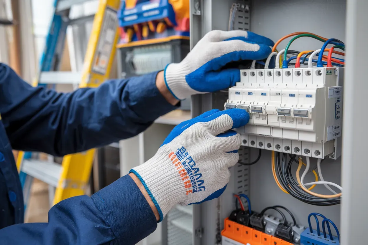 A man wearing blue and white gloves is working on an electrical box.