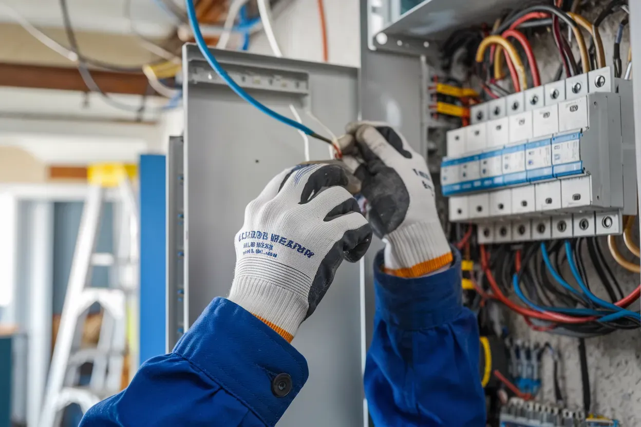 A person wearing gloves is working on an electrical box.