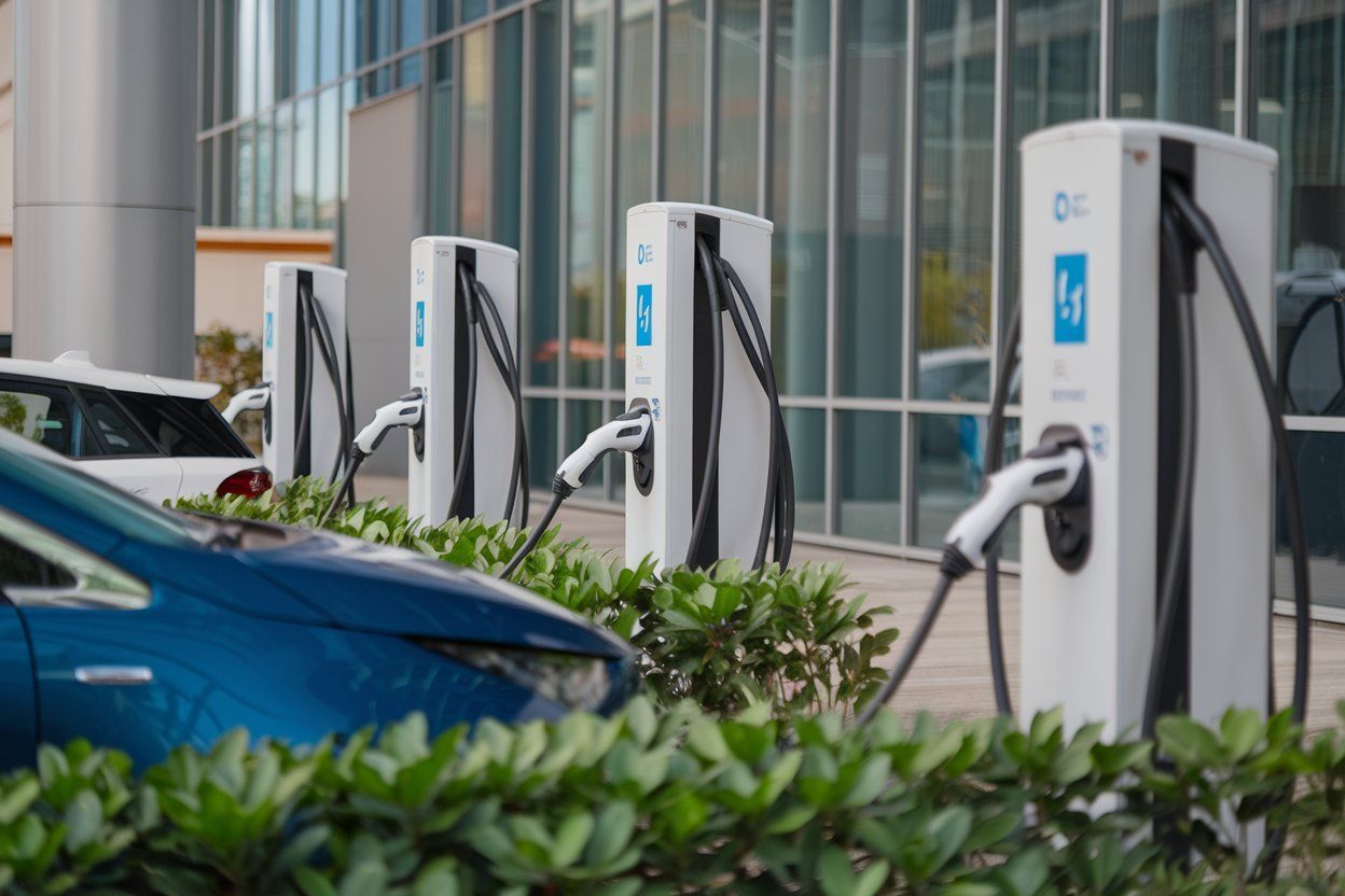 A blue and white electric car is being charged at a charging station.
