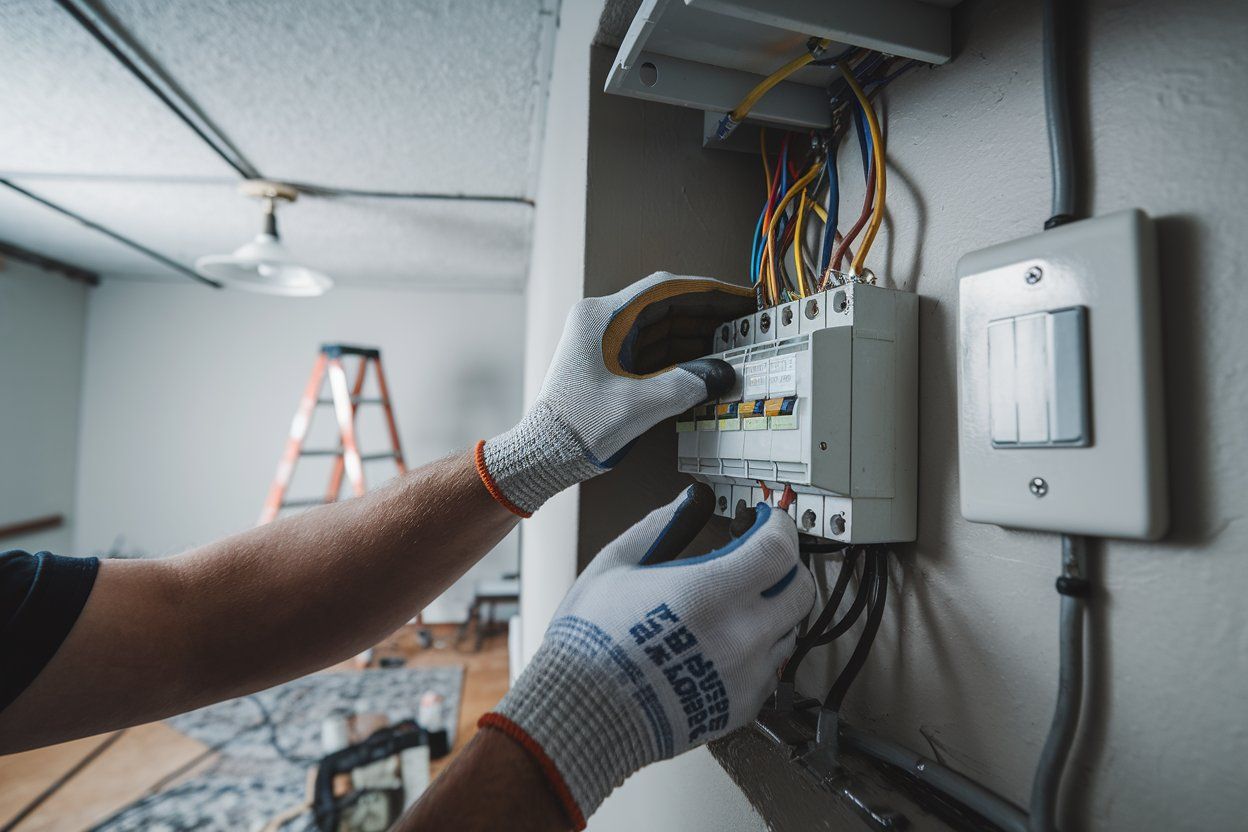 A man is working on an electrical box in a room.