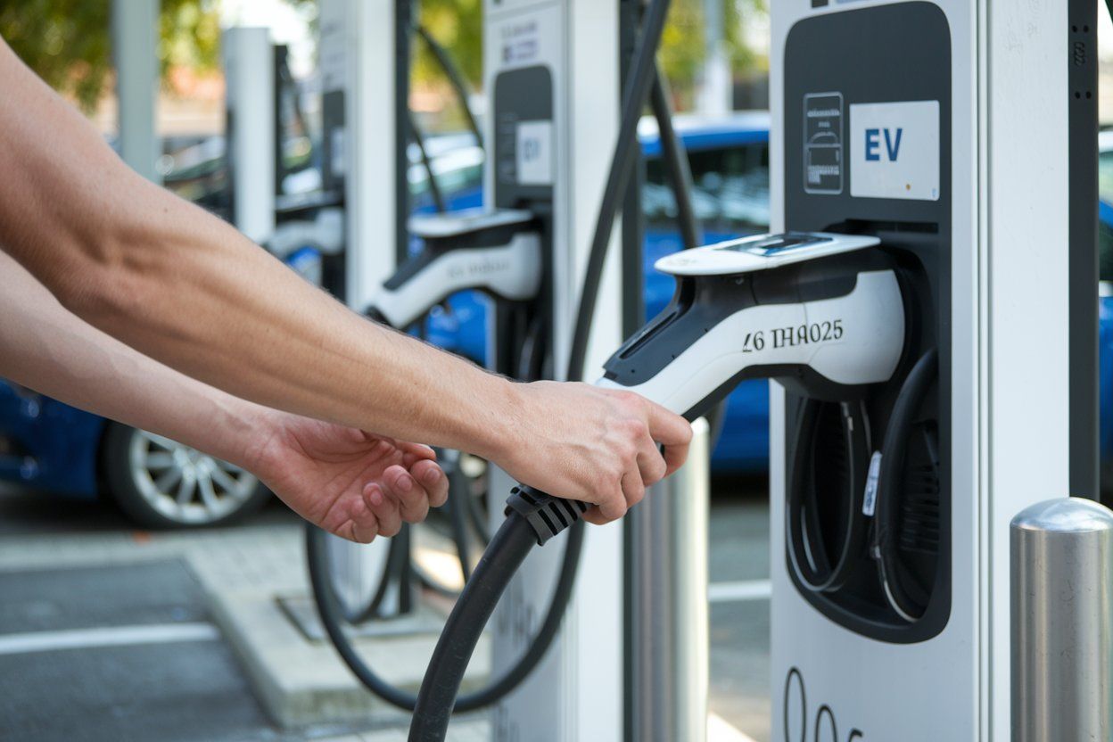 A person is charging an electric car at a charging station.