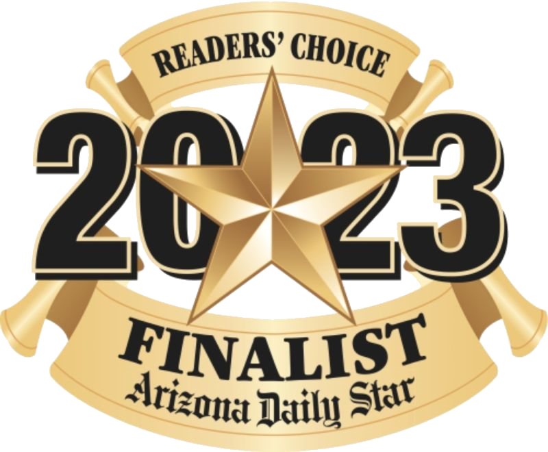 Readers' Choice 2023 Finalist award from the Arizona Daily Star, gold star with a ribbon and horns.