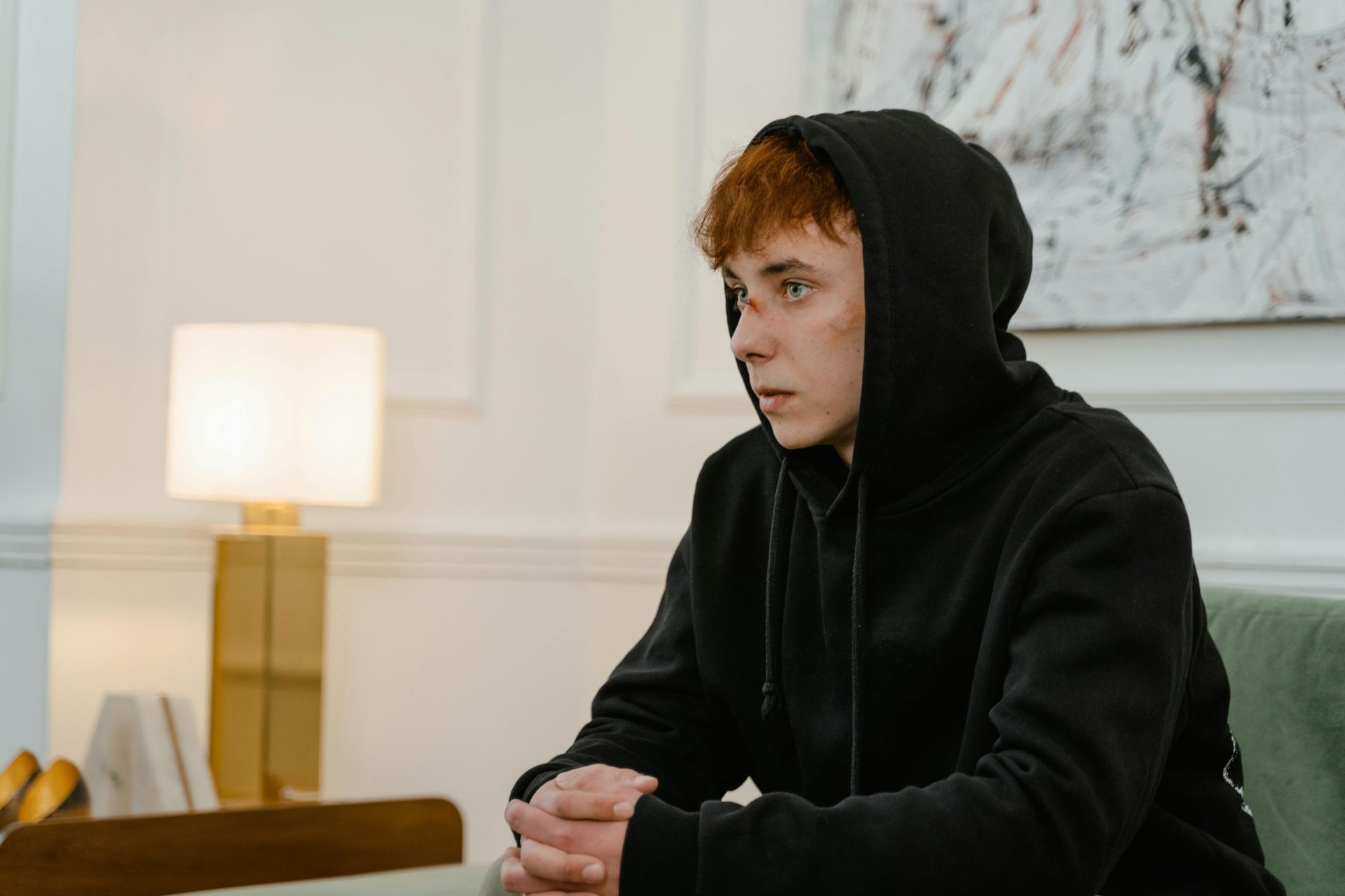 A person with reddish hair wears a black hoodie, sitting in a bright room with a lamp and abstract art in the background.