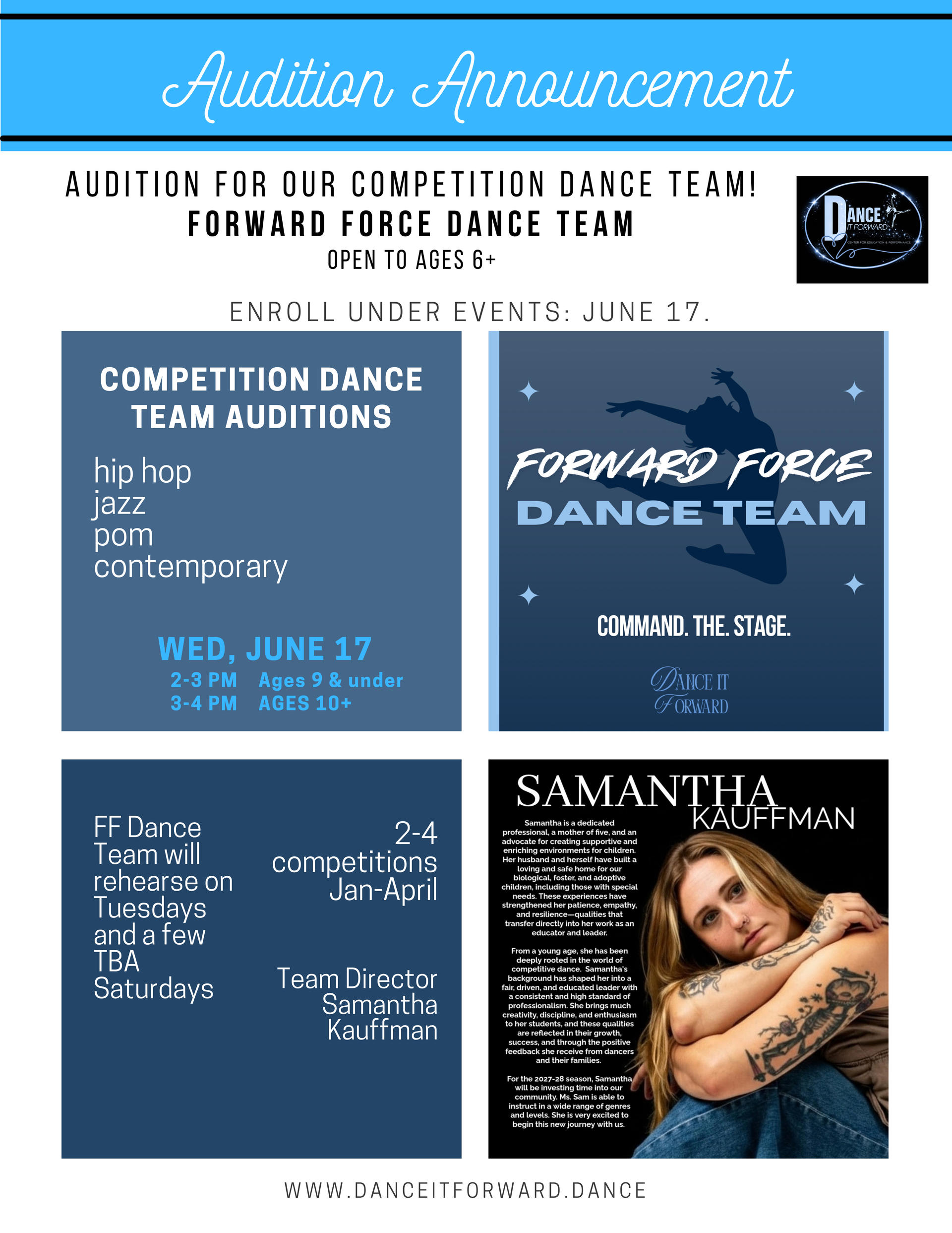 Auditions announcement poster for competitive dance team, featuring blue panels and a dancer photo.