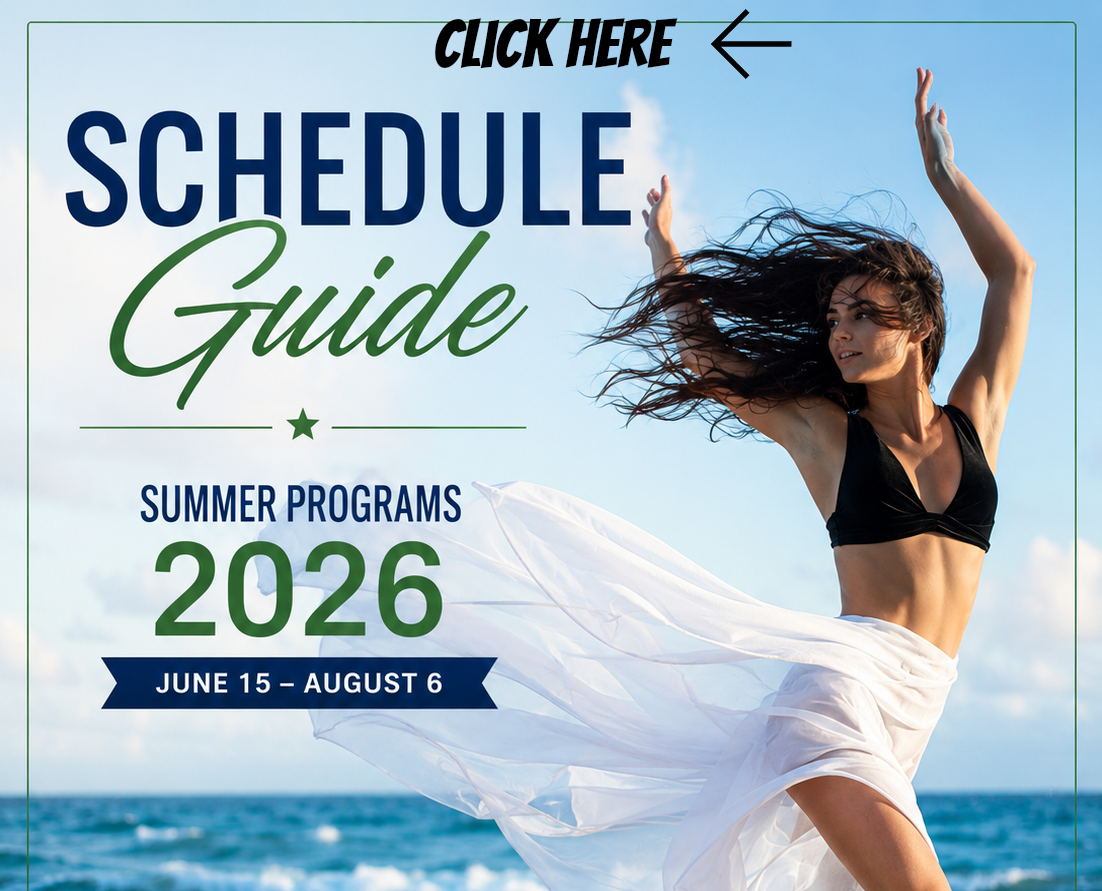 Beach-themed poster with a dancer in black top and white skirt, titled