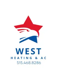 A logo for west heating and ac with a red , white and blue star