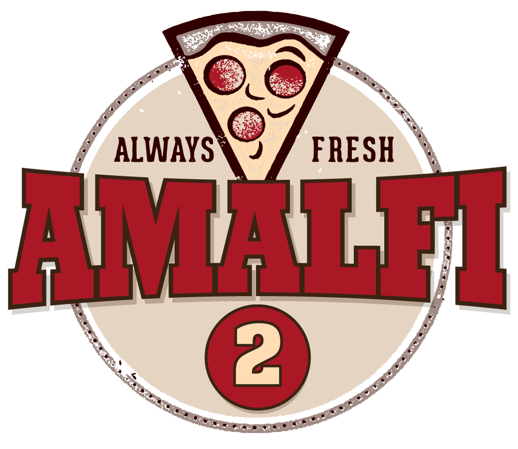Amalfi 2 restaurant logo with a pizza slice, red letters on a tan background, and the text 