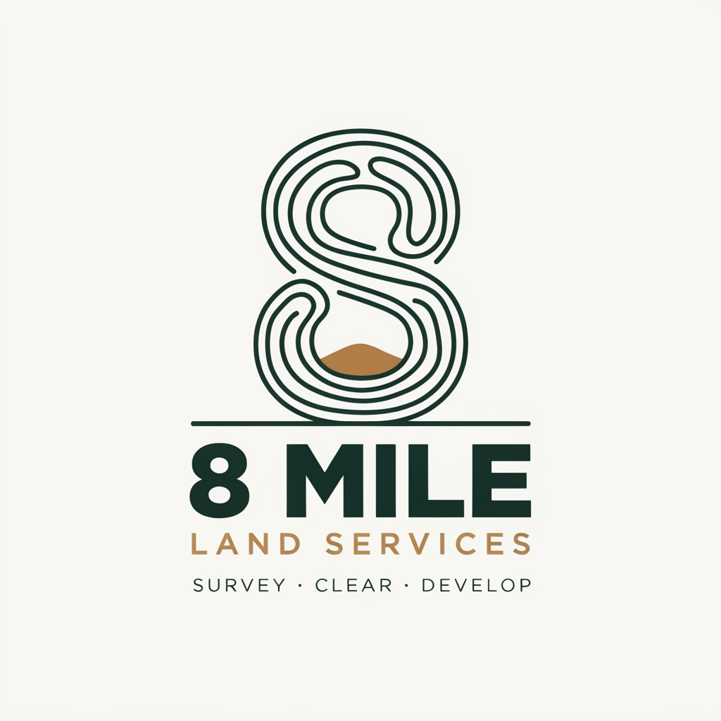 8 Mile Land Services logo with stylized green &ldquo;8&rdquo; and brown accents, tagline &ldquo;Survey &bull; Clear &bull; Develop&rdquo;