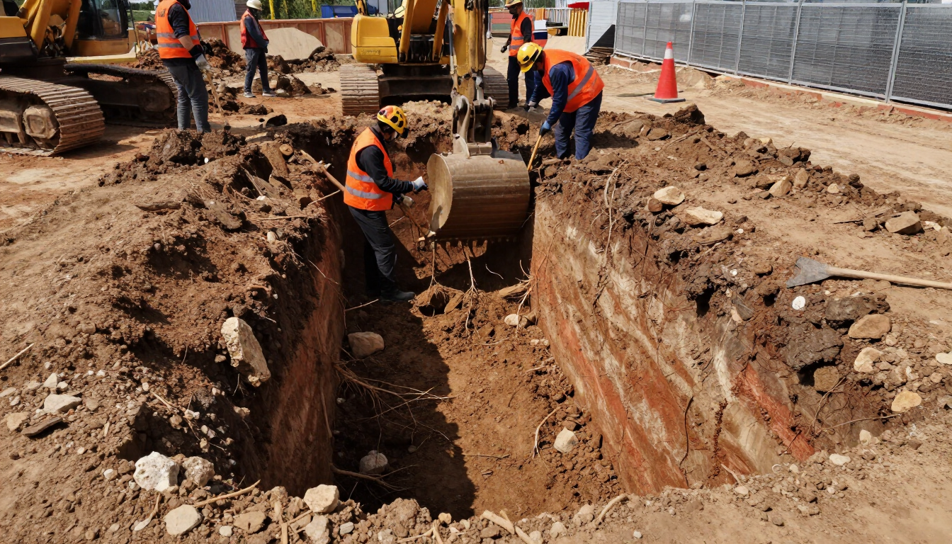 Construction workers excavating a deep trench at a roadwork site with machinery and dirt piles