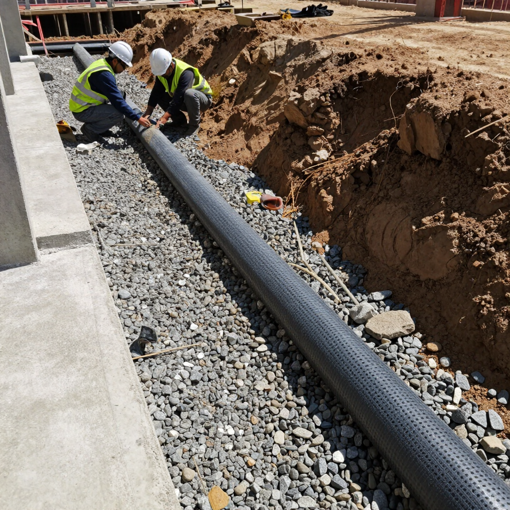 Workers installing a black drainage pipe beside a road trench with gravel and concrete curb.