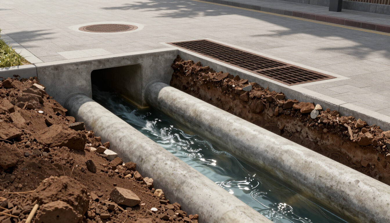 Concrete drainage culvert with flowing water under a street, lined by exposed dirt and a metal grate