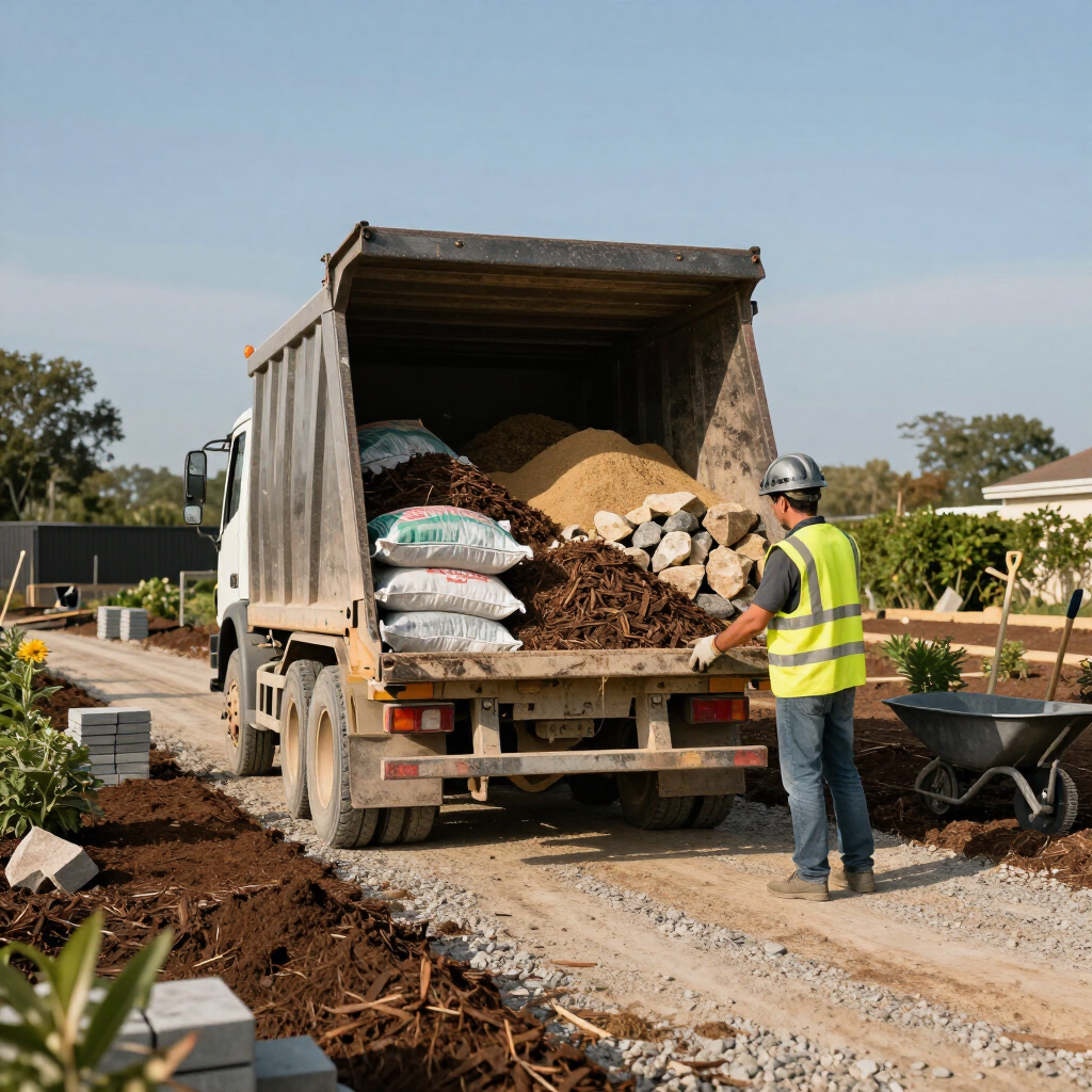 Construction worker unloading soil and supplies from a dump truck at a building site