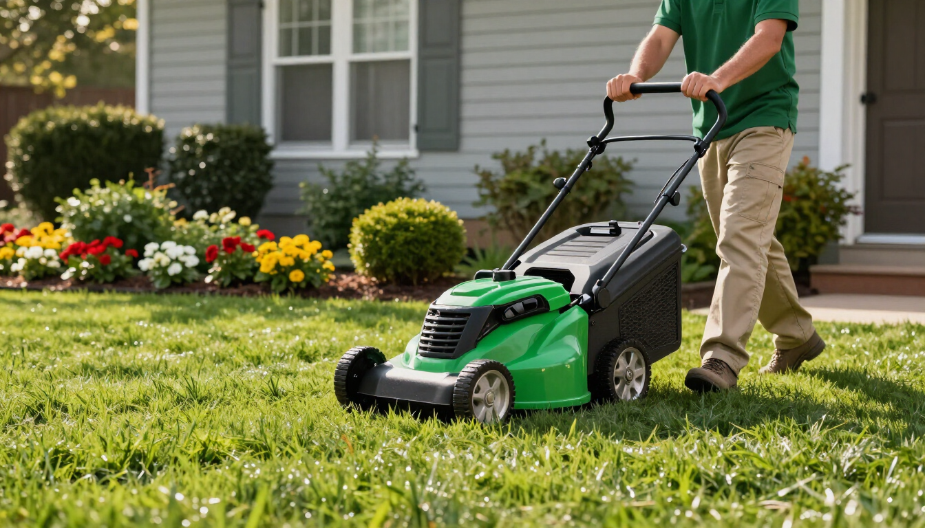Person mowing a green lawn with a green push mower in a suburban yard