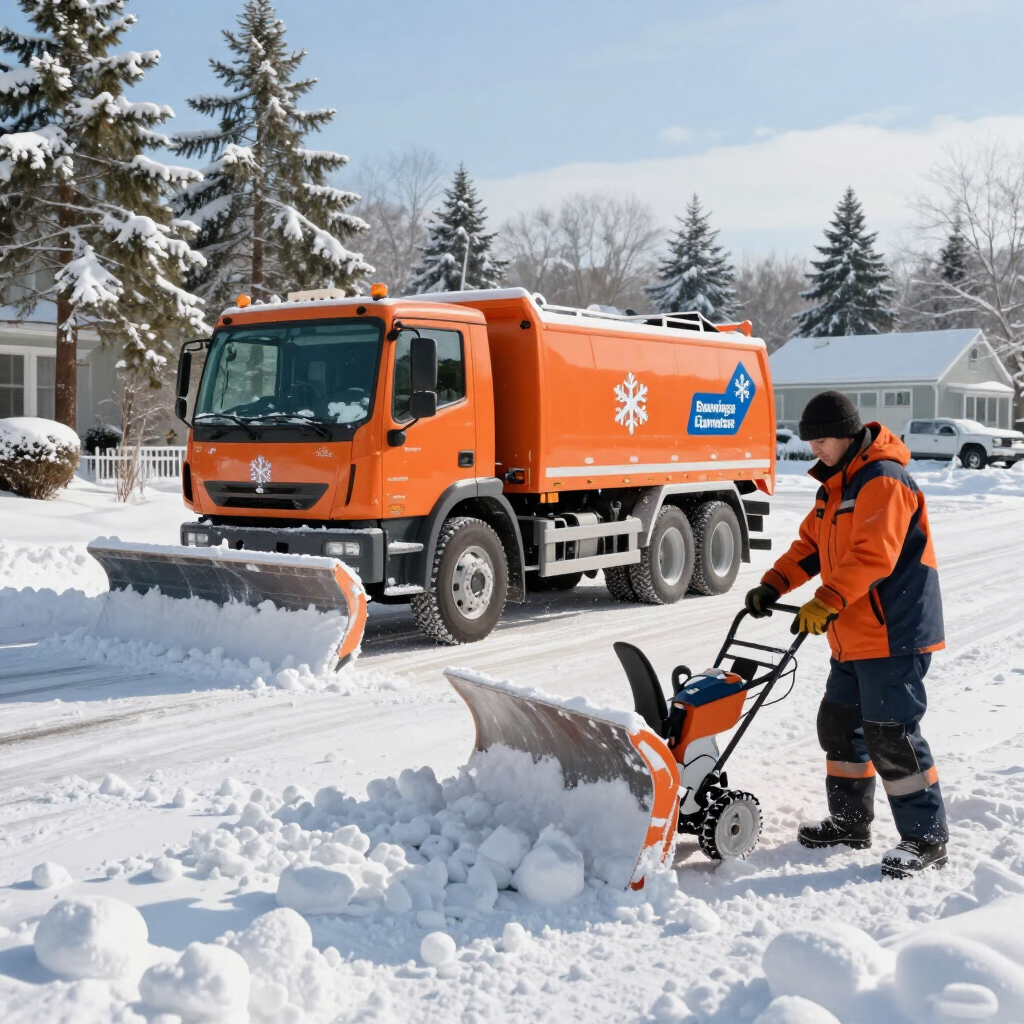 Orange snowplow truck and worker clearing snow on a residential street in winter