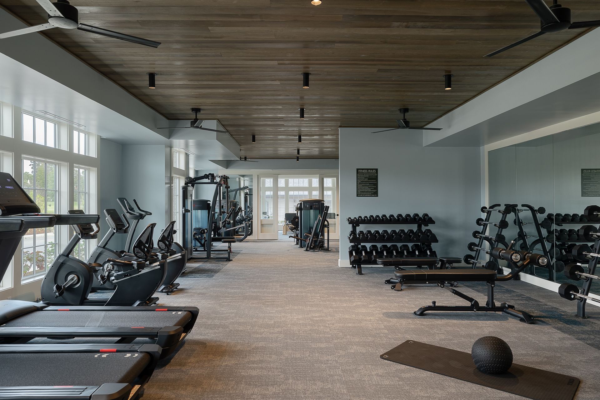 Gym with exercise equipment, including treadmills, weights, and machines. Gray walls, wood ceiling, and carpeted floor.