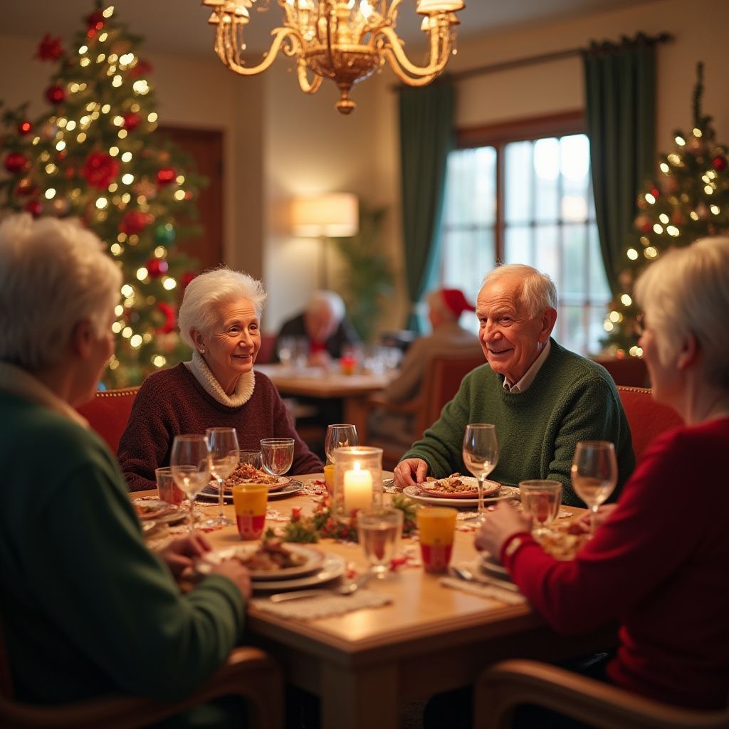 People at a Christmas dinner table. Trees, candles, and a chandelier in the room.
