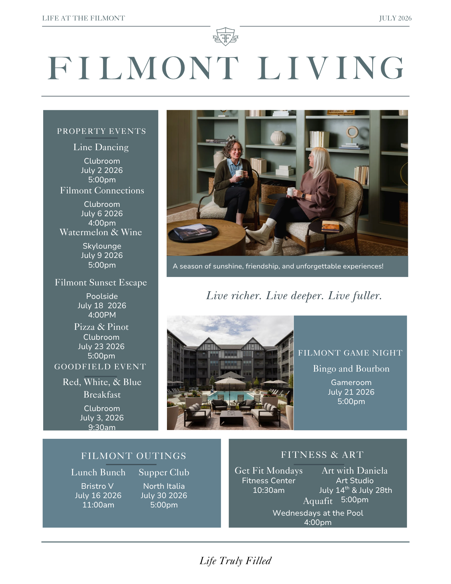 Filmont Living flyer with teal event schedule, two photos, and venue details on a white background