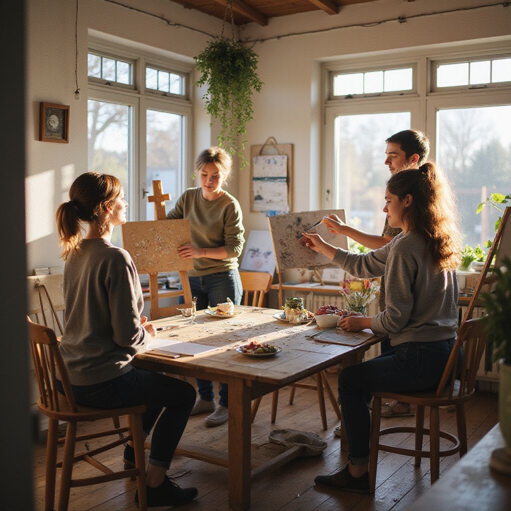 People painting at a table and easels in a sunlit art studio.