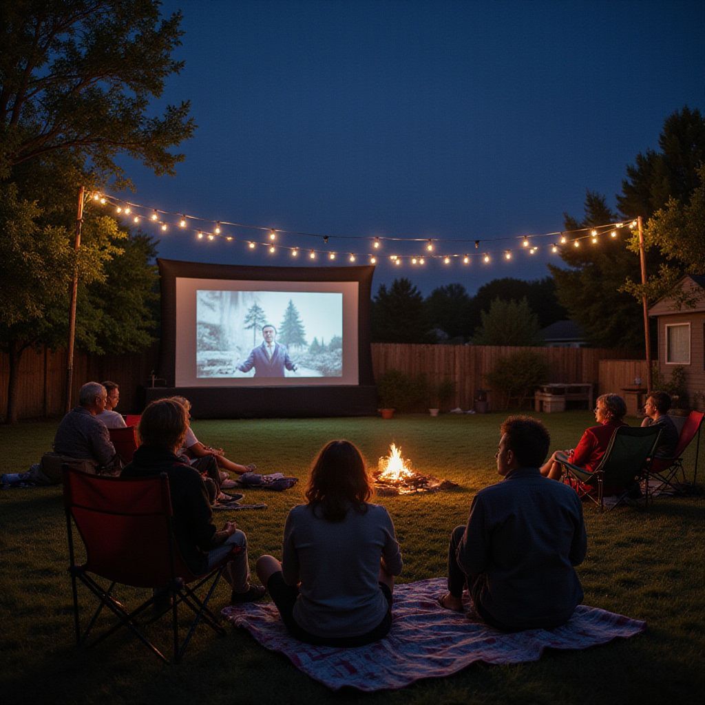 People watching a movie on a screen in a backyard at night, with a bonfire and string lights.