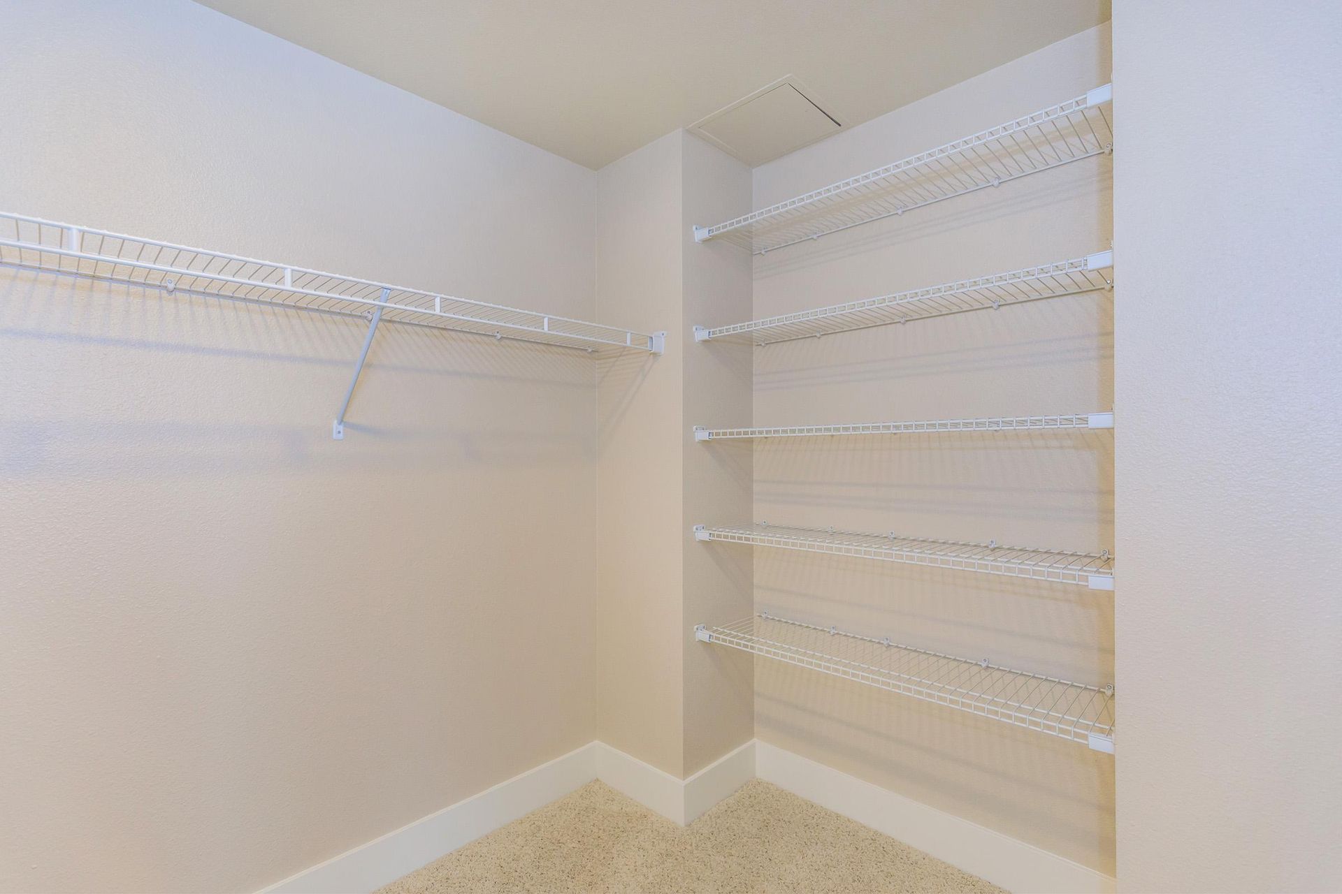 Empty walk-in closet with white wire shelving and a hanging rod. Beige walls and carpet.