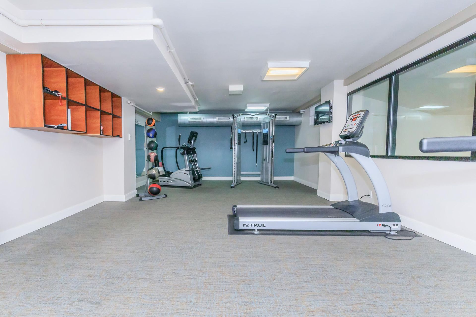 Gym with treadmill, elliptical, weight machines, and storage shelves. Light gray carpet, white walls.