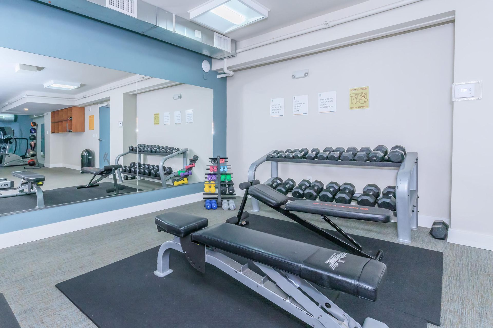 Gym with weights, benches, and machines; mirrors on walls.