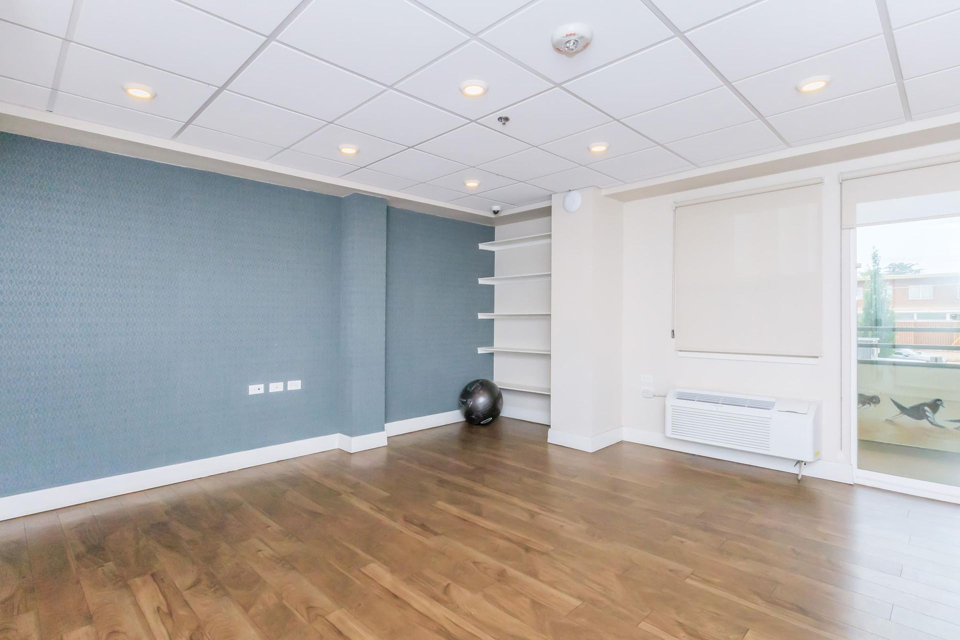 Empty room with wood floors, blue wall, white ceiling with recessed lights, and sliding glass door. A fitness ball sits on the floor.