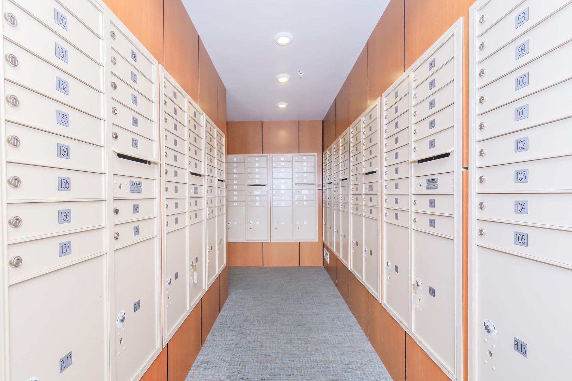 Rows of mailboxes in a narrow hallway with a light gray carpet.